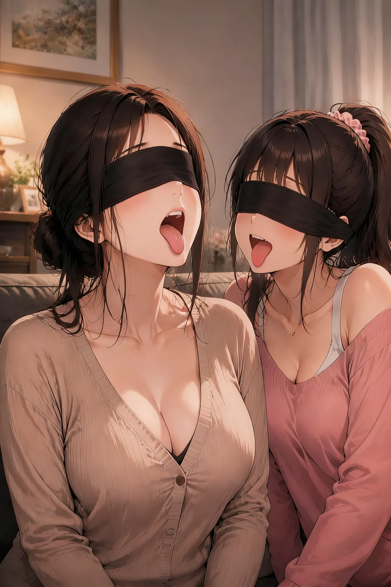 与蒙眼母亲和姐姐的淫舌试味游戏