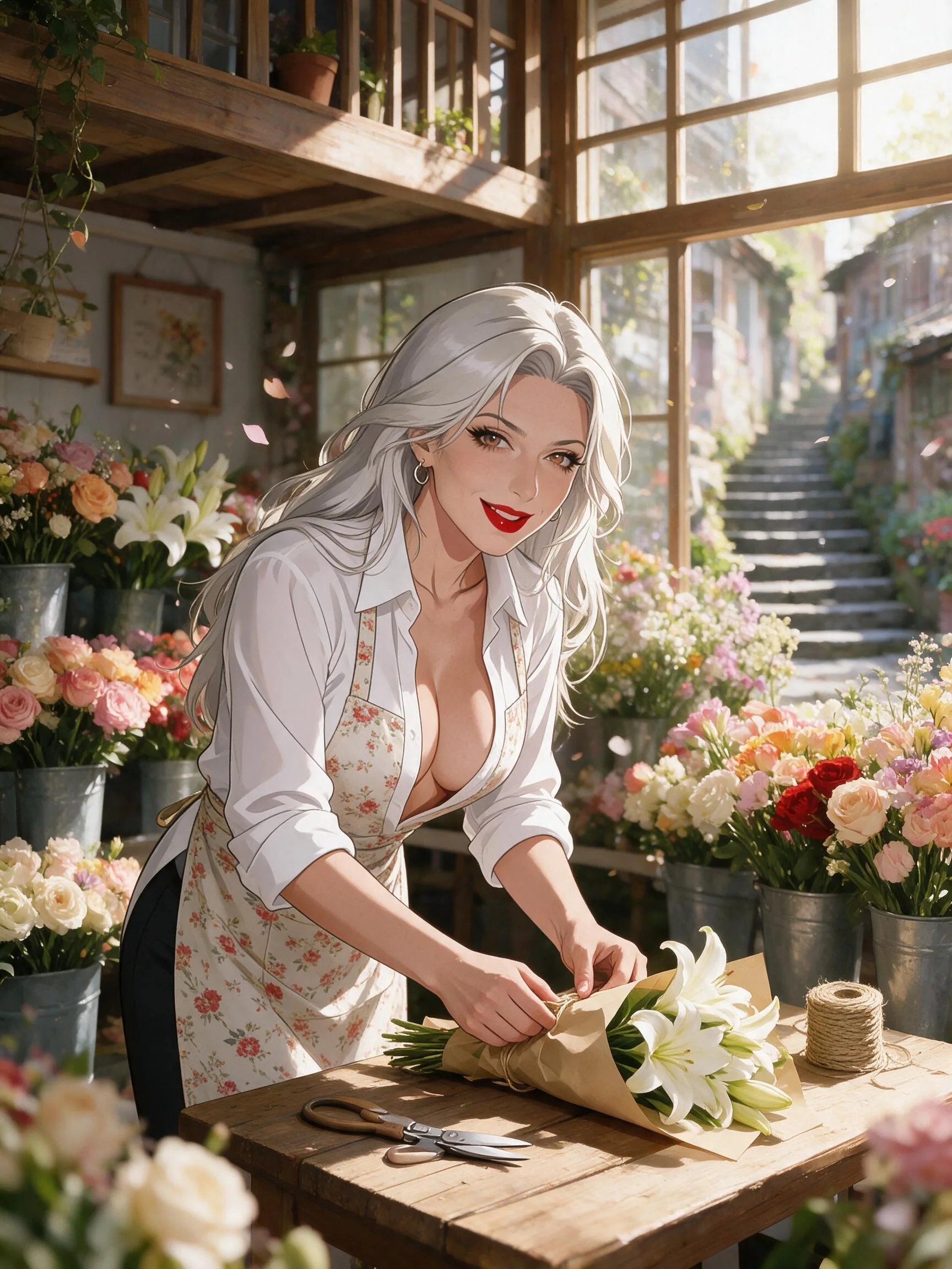 和巨乳娇小妈妈开花店